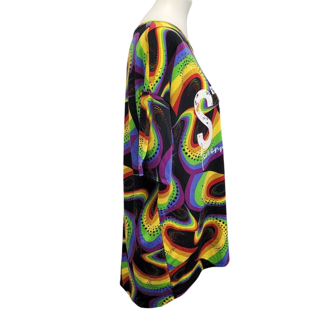 Hand Printed Upcycled Womens XS Stay Tomorrow Needs You Rainbow Swirl Tee Shirt
