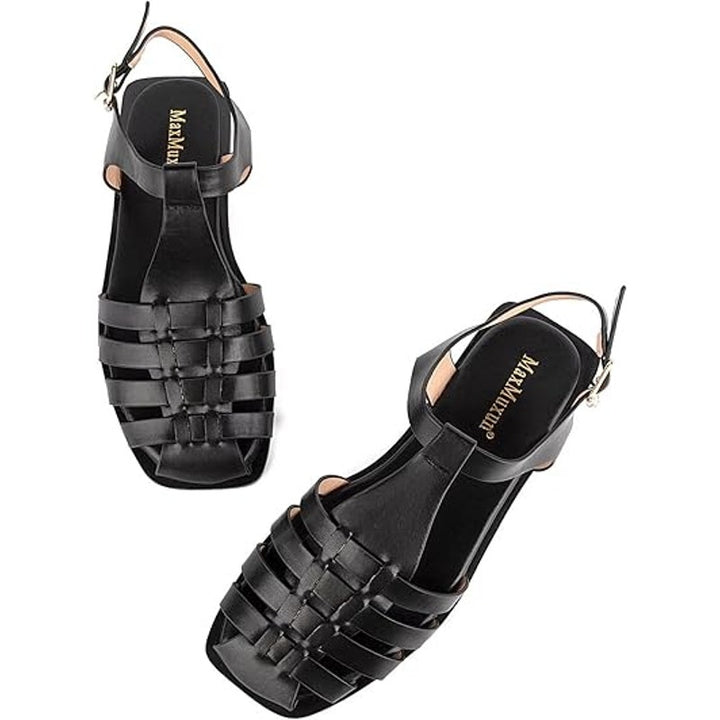 MaxMuxun Womens Size 10 Black Faux Leather Closed Toe Non Slip Flat Sandal Shoes