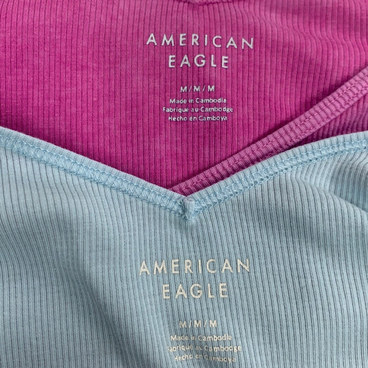 2 New American Eagle Medium Cotton Blend Short Sleeve V Neck Ribbed Tops
