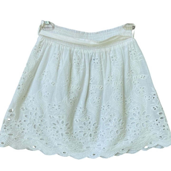 New Tobi Womens Medium White Floral Lace Smocked Waist Layered Mini Skirt w Belt