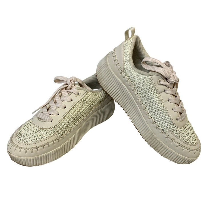 Lucky Step Womens Size 7 Beige 1.5" Heel Sneakers Lace Up Knit Casual Shoes