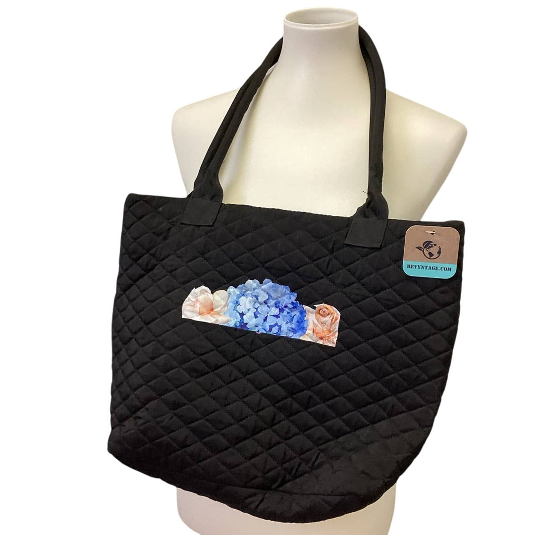 Hand Printed Upcycled Quilted Hydrangea Rose Tote Purse Handbag Bag
