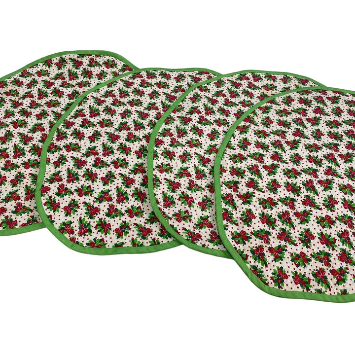 4 Vintage 1980s Handmade Holly Polka Dot Reversible Christmas Oval Place Mats