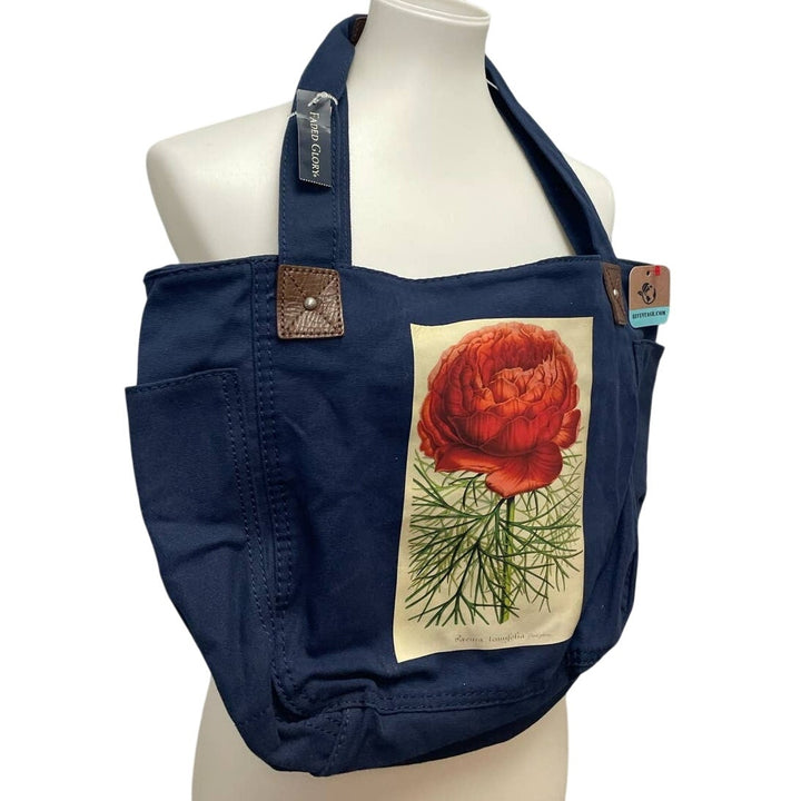 Faded Glory Navy Canvas Tote with Hand-Printed Red Peony, Upcycled