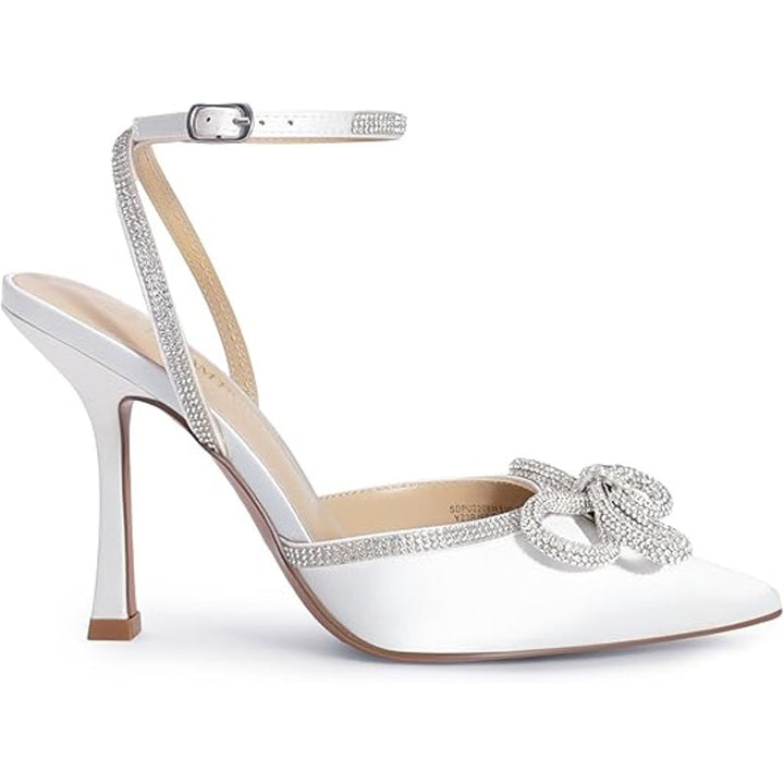 Dream Pairs Womens 8.5 White Satin Pointy Toe Silver Rhinestone 4.5" Heel Shoes