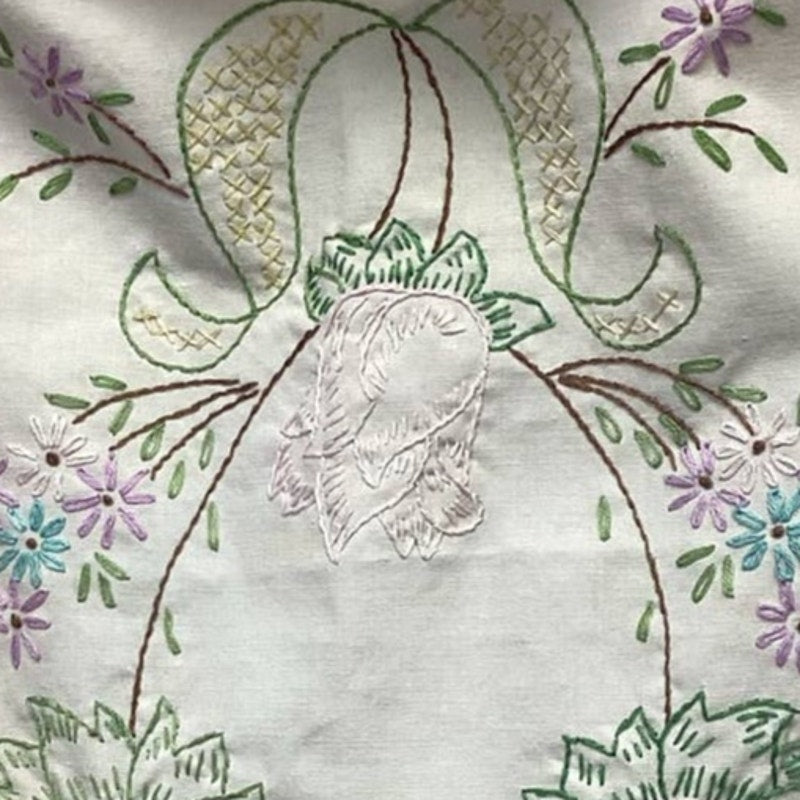 Vintage Handmade Needlepoint Cross Stitch Floral Cloth Table Runner Centerpiece
