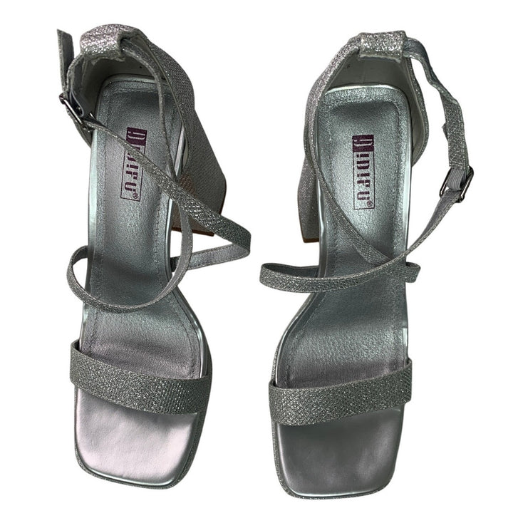 Idifu Womens 7.5 Silver Gillter Open Toe 4" Block Heel Ankle Strap Sandal Shoes