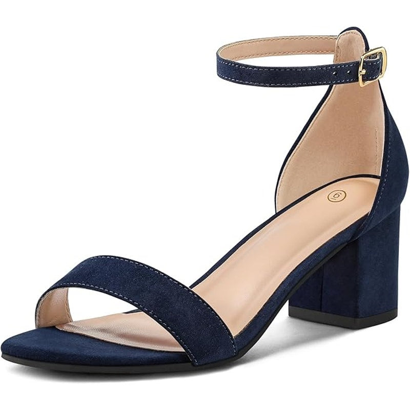 Mysoft Womens 9 Navy Blue 2.25" Chunky Heel Open Round Toe Ankle Strap Shoes