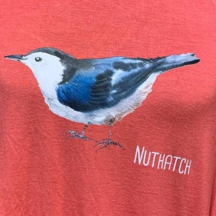 Hand Printed Upcycled Womens Medium Maternity Nuthatch Blue Bird Tee Shirt