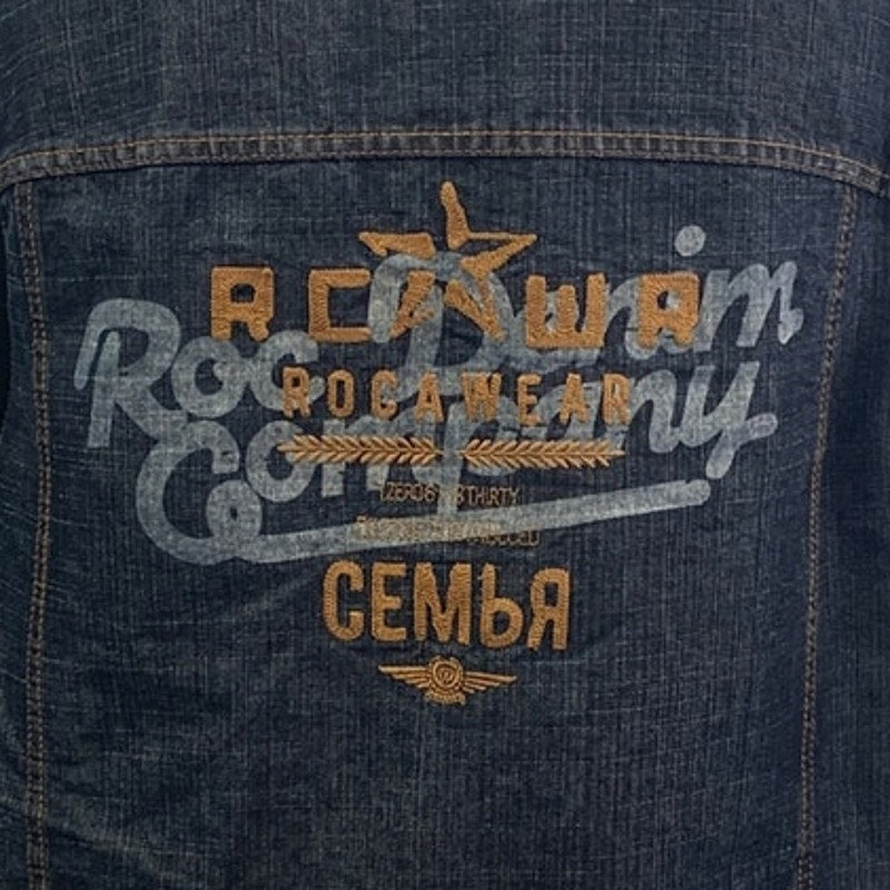 Rocawear Mens XL PolyCotton Machine Washable Button Up Denim Blue Jean Jacket