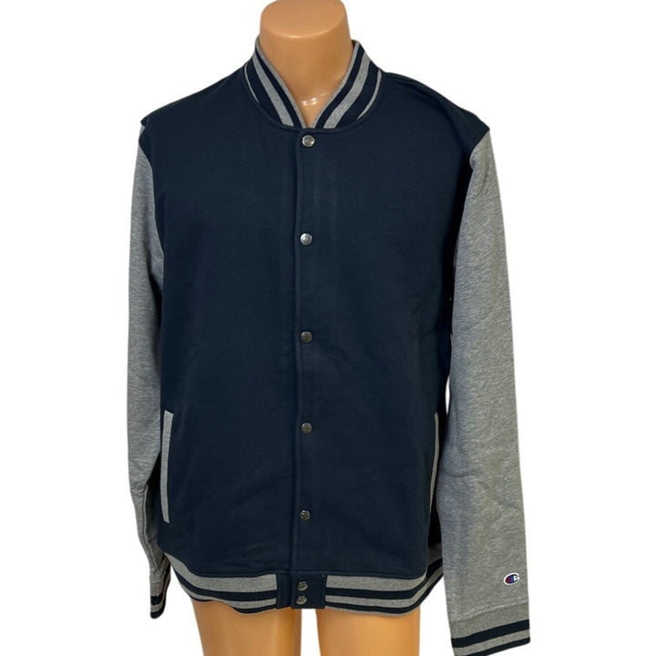 New Champion Mens XL Navy Gray Snap Up PolyCotton Athletic Wear Bomber Jacket