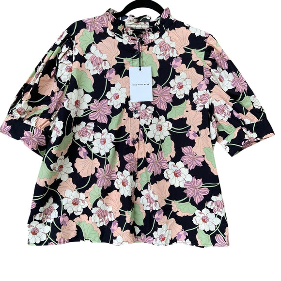 NWT New Who What Wear Womens XXL 100% Cotton Floral Short Sleeve Button Up Top