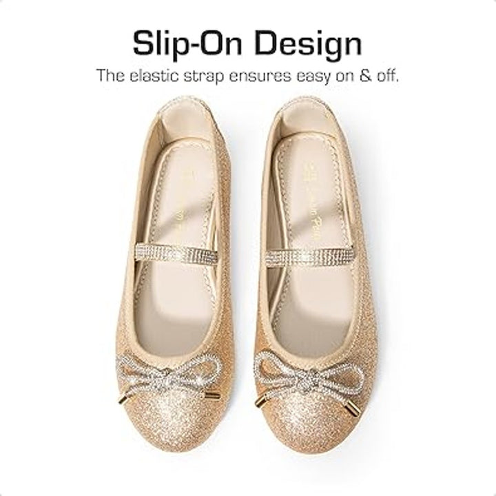 Dream Pairs Big Girls Size 5 Gold Glitter Rhinestone Bow Slip On Ballet Flats