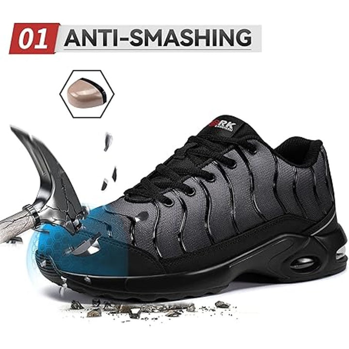 Larnmern Mens 11 Blue Black Steel Toe Air Cushion Breathable Lace Up Work Shoes