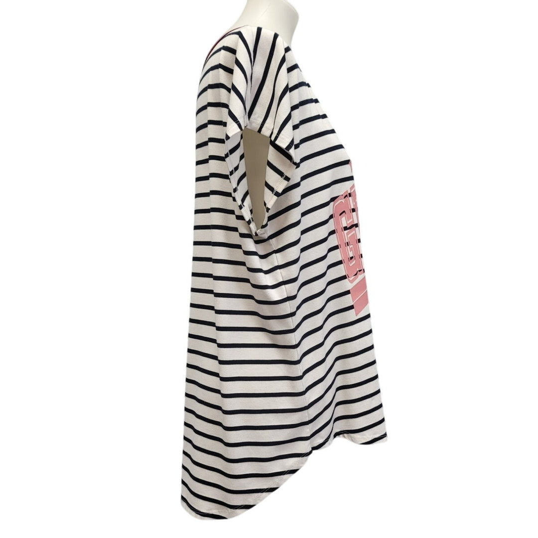 Hand Printed Upcycled Womens XL In My Girl Mom Era Striped Short Sleeve Tee