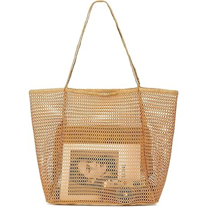 New Fammart Tan Double Handle Interior Zip Pocket Foldable Mesh Beach Tote Bag