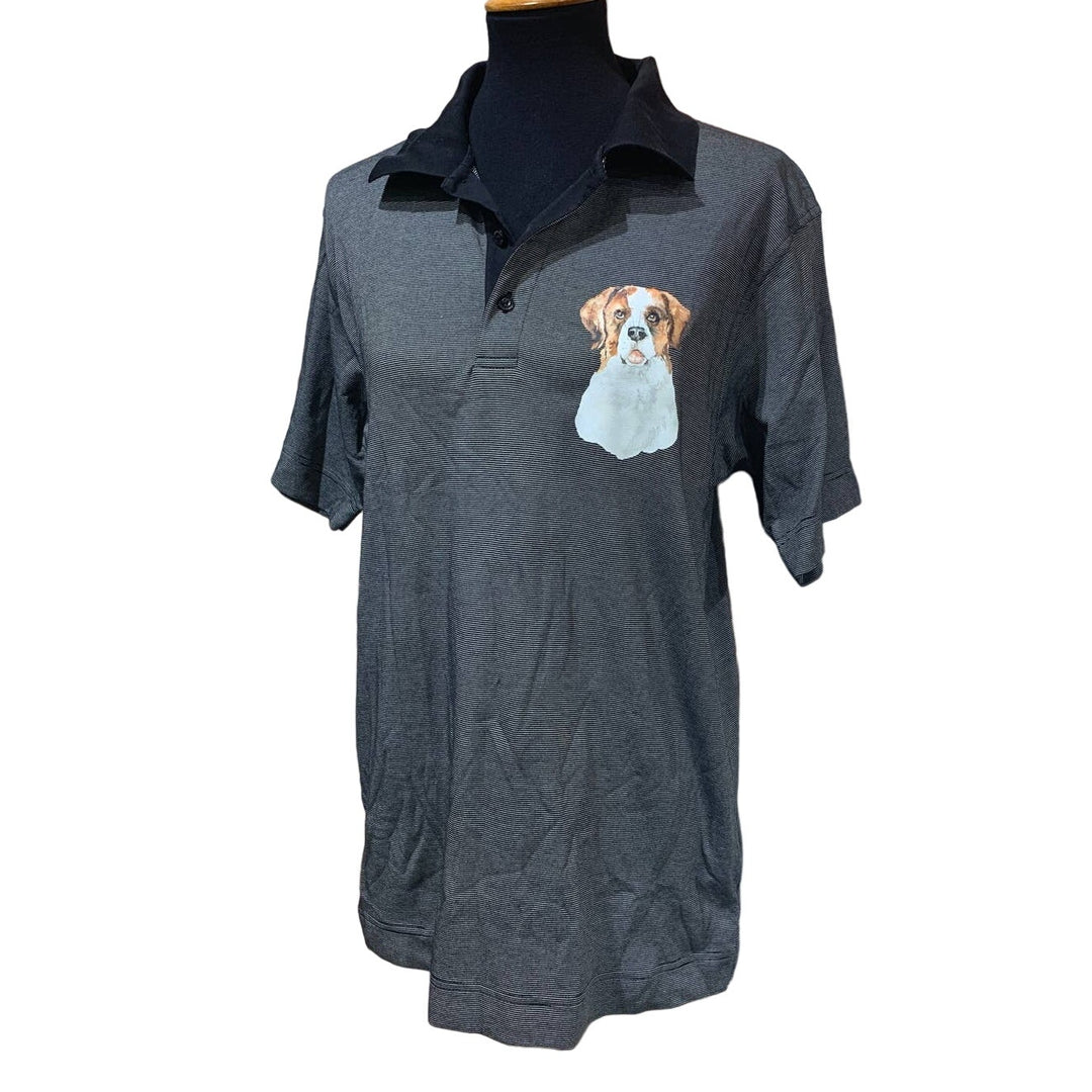 Hand Printed Upcycled Small St Bernard Puppy Dog Collared Striped Polo Shirt