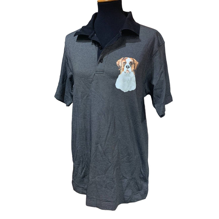 Hand Printed Upcycled Small St Bernard Puppy Dog Collared Striped Polo Shirt