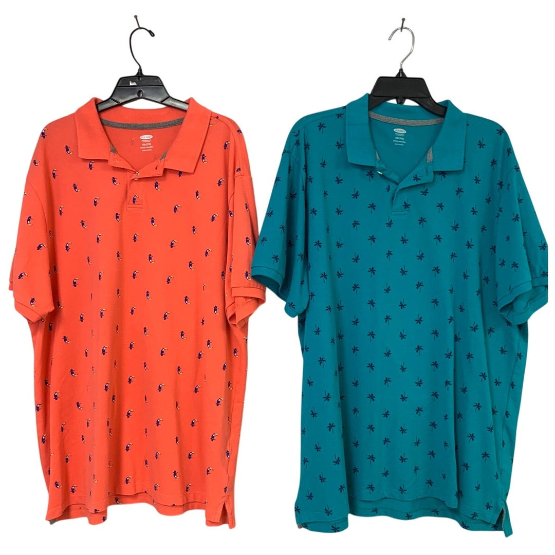 Lot of 2 Old Navy XXL Cotton Blend Palm Tree Toucan Short Sleeve Polo Shirts EUC