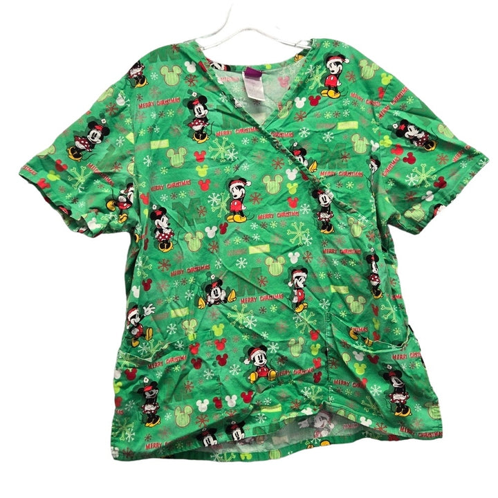 Disney Womens Large 100% Cotton Mickey &amp; Minnie Merry Christmas Scrub Top