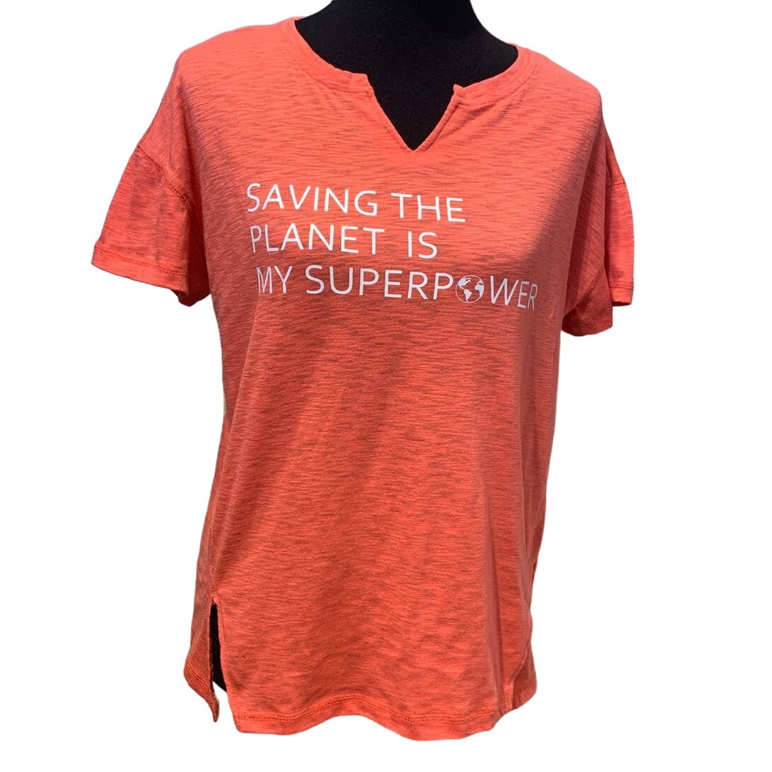 Hand Printed Upcycled Womens Medium Saving the Planet is My Superpower Tee