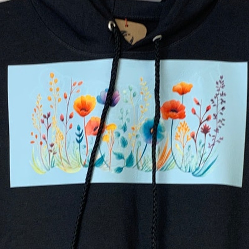 New Hand Printed Mens Small Black Floral Cutoff Sleeveless Sweatshirt Hoodie