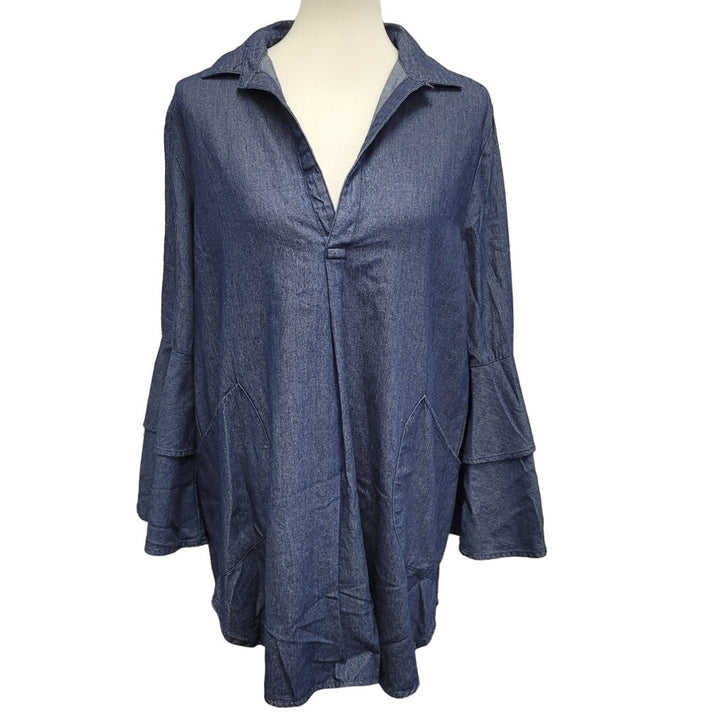 New For Cynthia Womens Large 100% Cotton Denim Bell Sleeve Deep V Hi Low Blouse