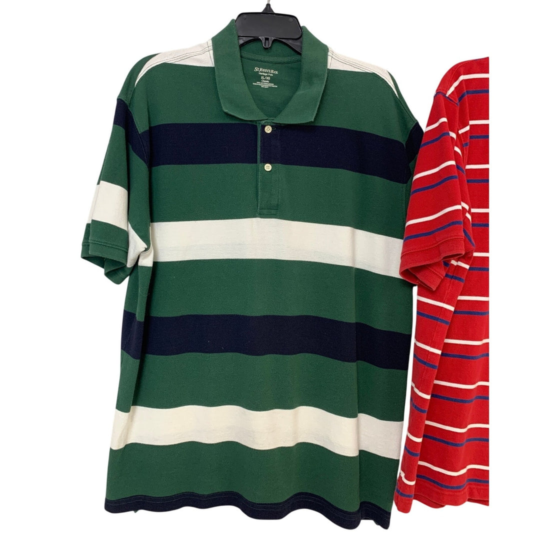 Lot of 2 St Johns Bay Mens XL Classic 100% Cotton Striped Green Red Polo Shirts