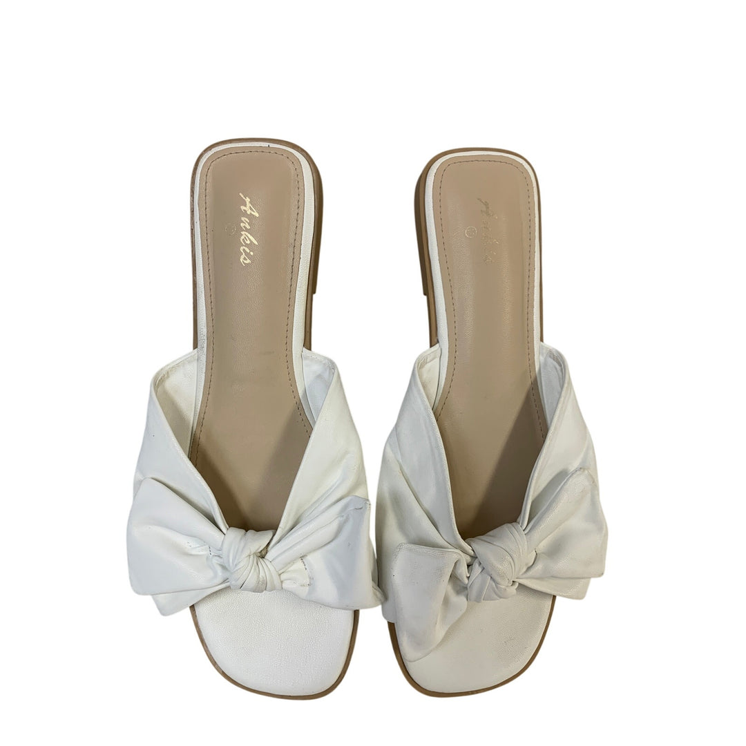 Ankis Womens Size 11 White Faux Leather Bow Flat Slip On Open Toe Sandal Shoes