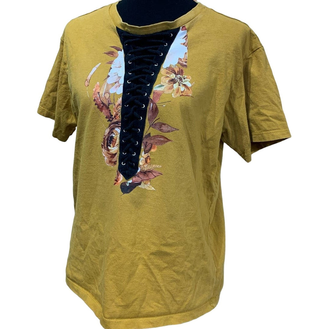 Hand Printed Upcycled Large Fall Leaves Floral Harvest Lace Up Short Sleeve Tee