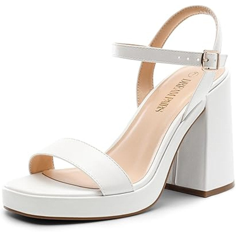 Dream Pairs Women Size 10 White Faux Leather 4.5" Chunky Heel Open Toe Shoes