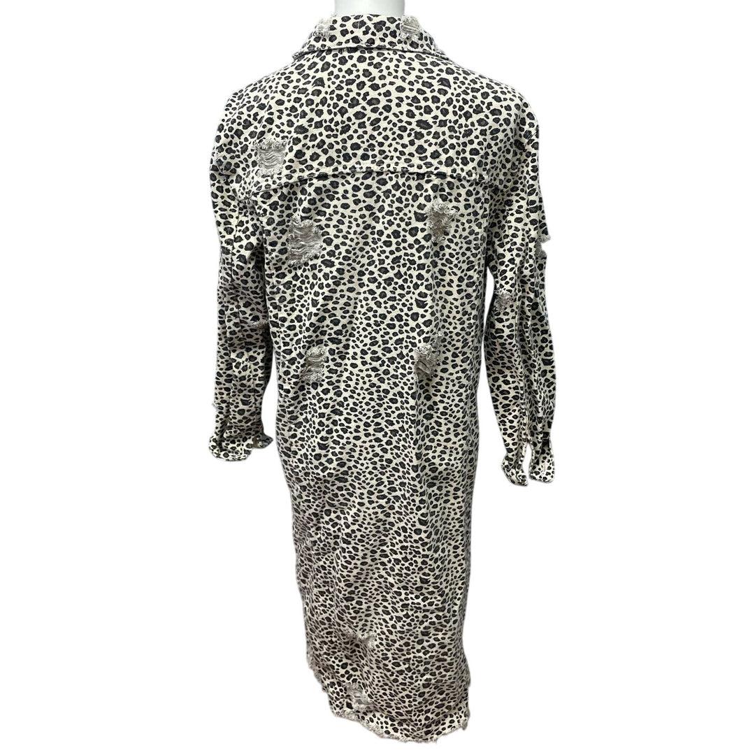 Carole Christian Small Distressed Button Up Leopard Print Cotton Denim Long Coat