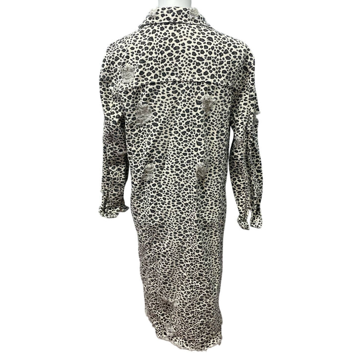 Carole Christian Small Distressed Button Up Leopard Print Cotton Denim Long Coat