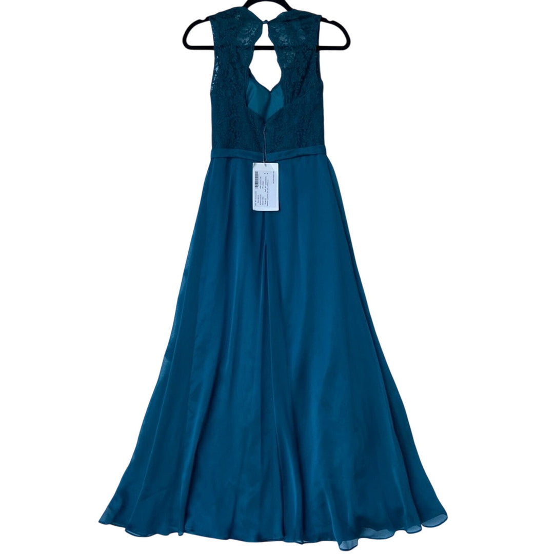 NWT New Belsoie Size 6 Teal Deep V-Neck Floral Lace Lined Sleeveless Maxi Dress