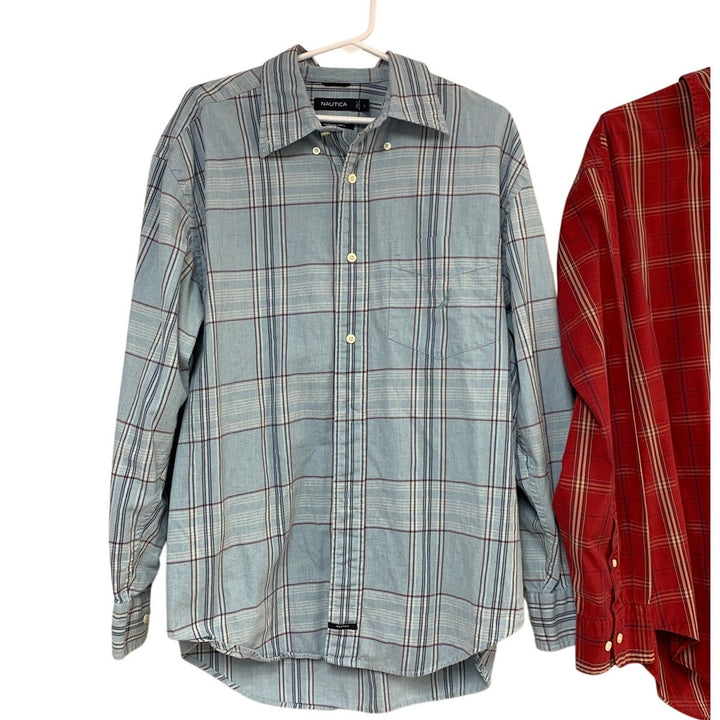 Lot of 2 Nautica Mens Large Plaid Long Sleeve Collared Button Up Shirts