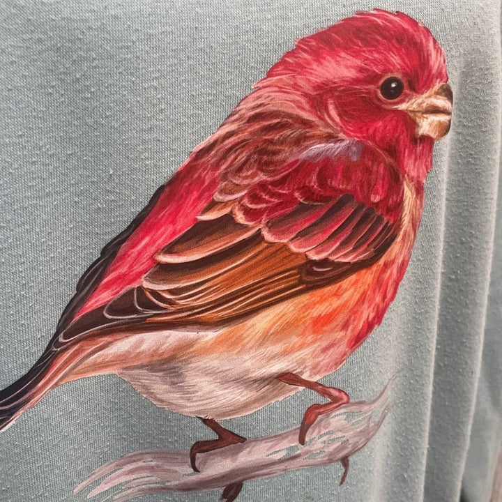 Hand Printed Upcycled Womens 1X Red Finch Bird PolyCotton Crew Neck Sweatshirt