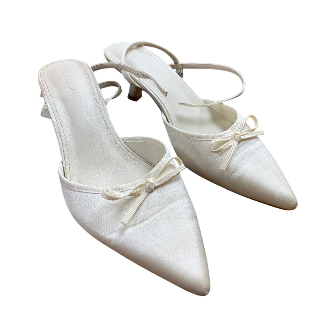 Coutgo Womens 9.5 Satin 2" Kitten Heel Ankle Strap Closed Pointed Toe Bow Shoes