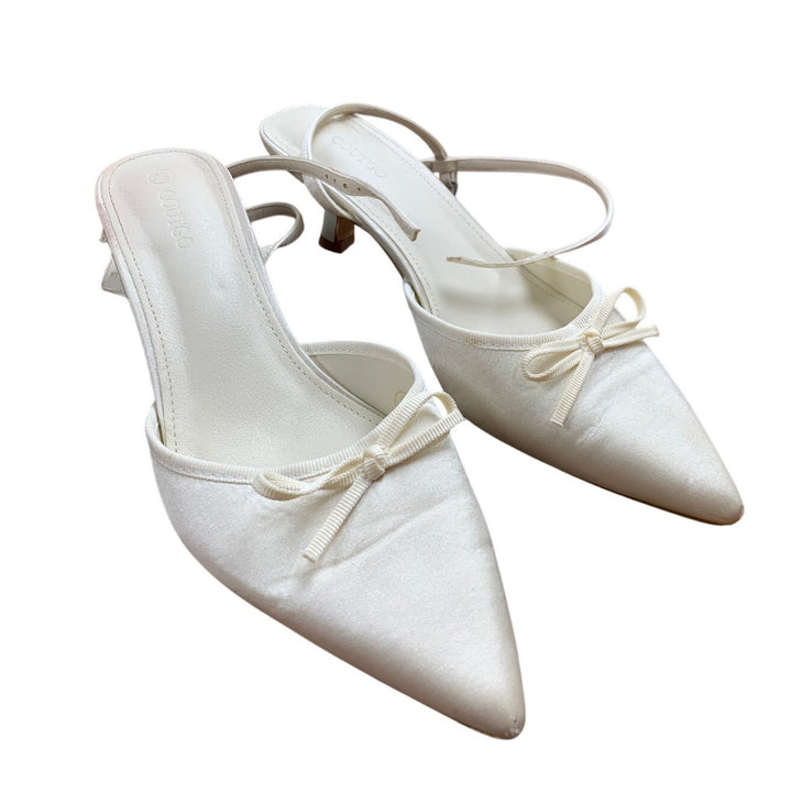Coutgo Womens 9.5 Satin 2" Kitten Heel Ankle Strap Closed Pointed Toe Bow Shoes