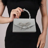 Womens Silver Sparkly Glitter Bow Clutch Shoulder Dressy Evening Purse Handbag