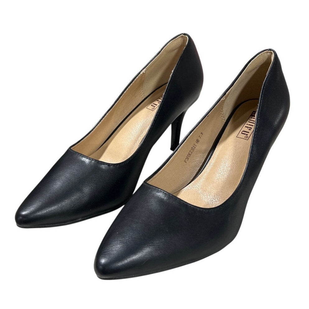IDIFU Womens Size 7.5 Black 3" Stiletto Heel PU Leather Closed Pointed Toe Shoes