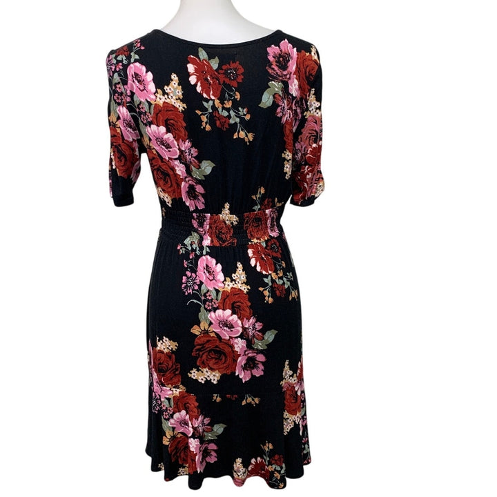 Maurices Womens Small Half Sleeve V Neck Black Pink Floral Fit n Flare Dress