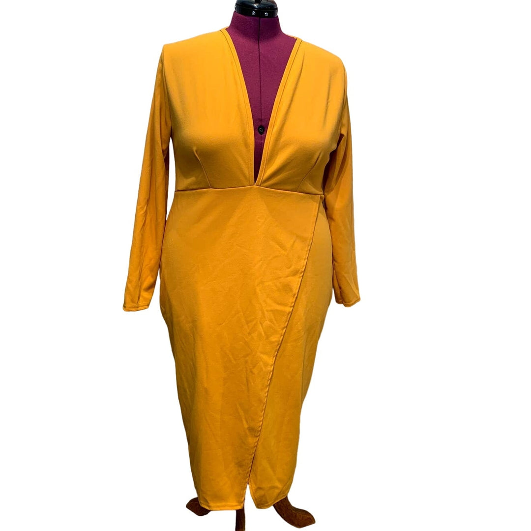 New Plus 16 Boohoo Deep V Plunge Faux Wrap Midi Mustard Yellow Long Sleeve Dress