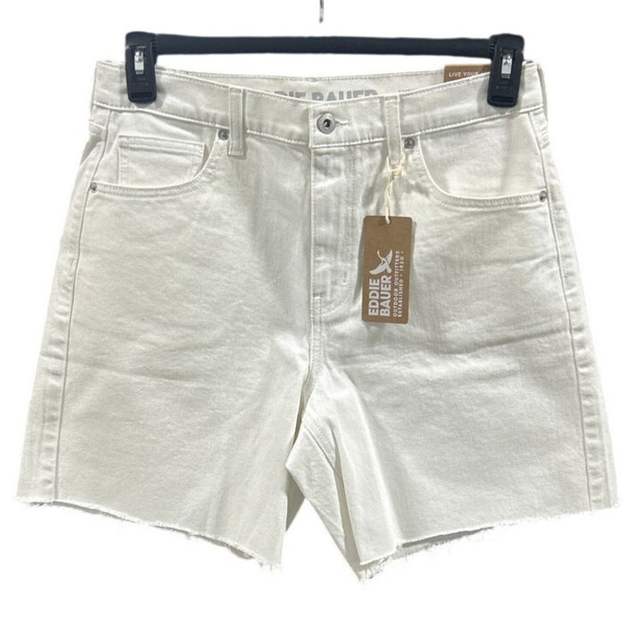New Eddie Bauer Women Size 10 White Stretch Cotton High Rise Cutoff Denim Shorts