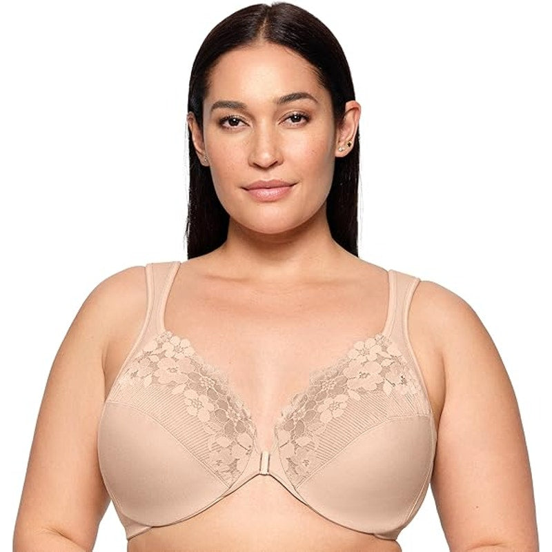 New Glamorise Womens Size 38DD Unlined Underwire Floral Lace Front Closure Bra