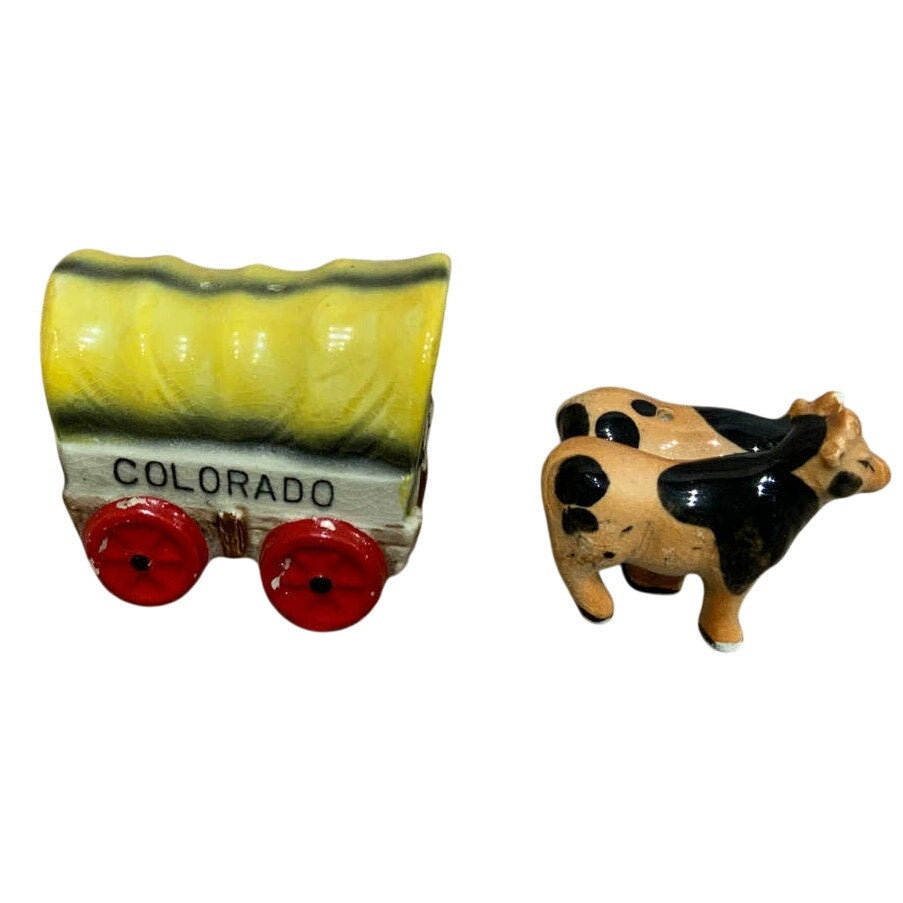Vintage Victoria Ceramics Japan Cow Covered Wagon Salt Pepper Shaker Set
