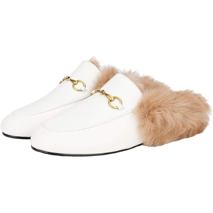 Arqa Womens Size 6 White w Brown Fur Rounded Toe Slide On Mule Slipper Shoes