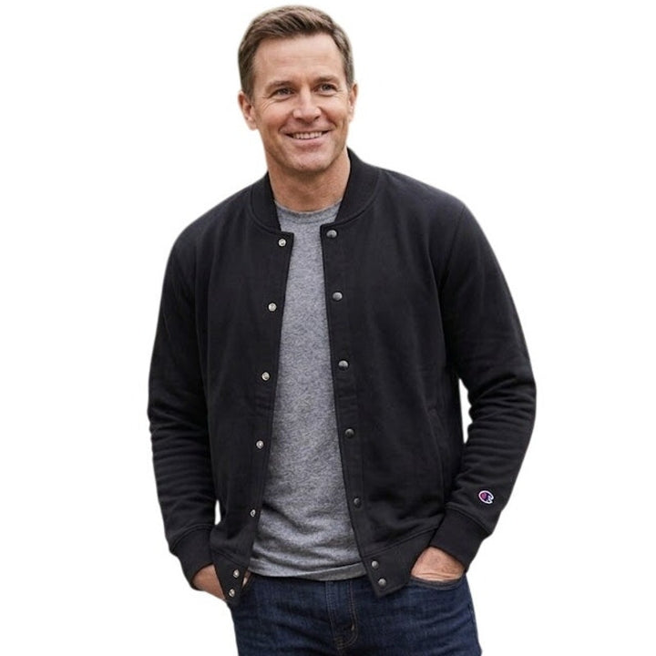 New Champion Mens Black Snap Up PolyCotton Athletic Wear Varsity Bomber Jacket
