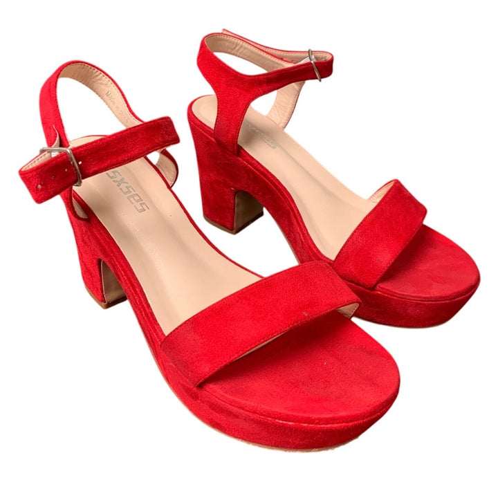 Rsxses Womens Size 10 Red Faux Suede 4" Platform Heel Open Toe Ankle Strap Shoes