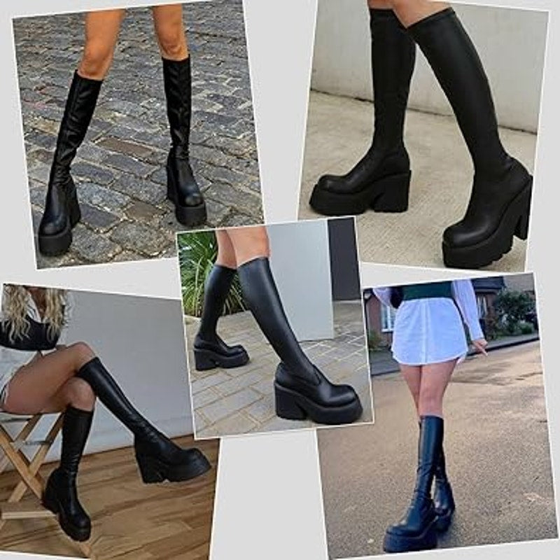 Aminugal Womens Size 9.5 Black Faux Leather Elastic Knee High Platform Boots