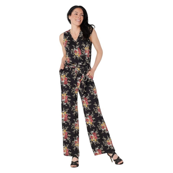 Laurie Felt Womens Medium Black Deep V Floral Sleeveless Jumpsuit w Tie Belt